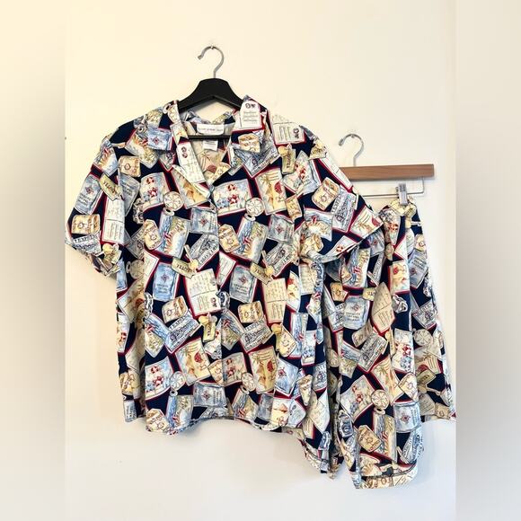 Vintage NWT deadstock SET blouse shorts travel print postcard ticket funky ooak - Picture 1 of 9